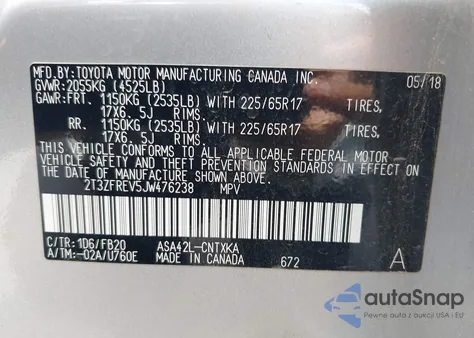 2018 Toyota Rav4 Le из США, поврежденный, VIN 2T3ZFREV5JW476238